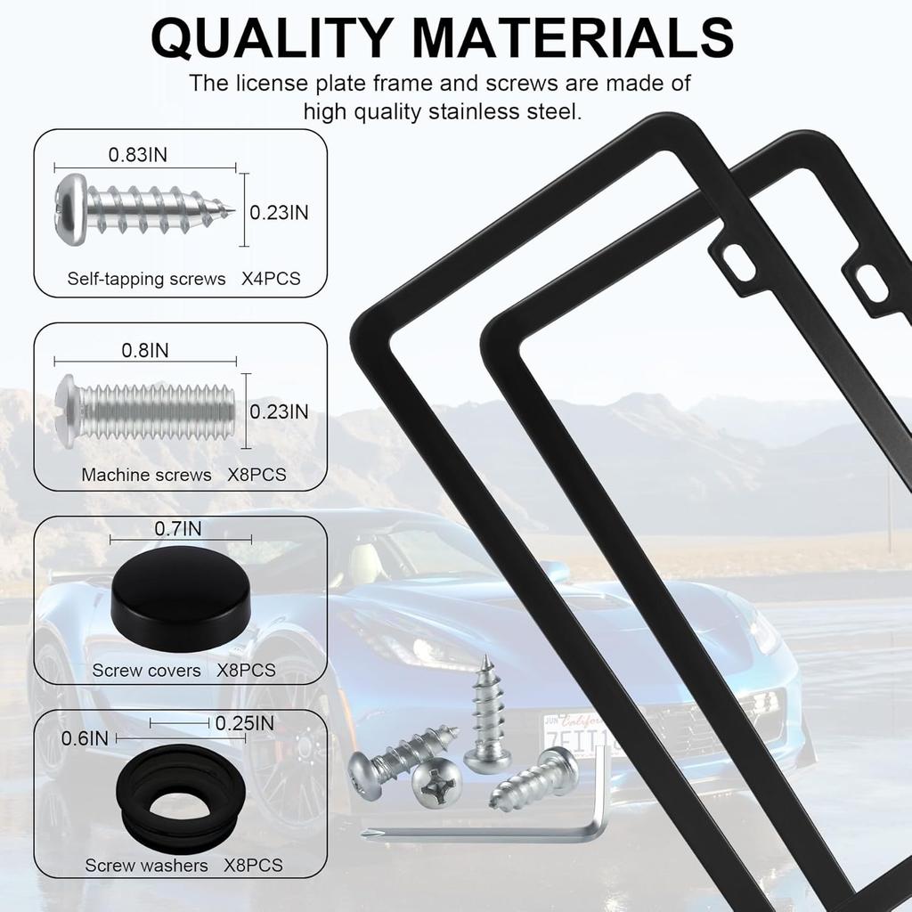 LivTee Black License Plate Frames, 2 Holes Stainless Steel License Plate Covers, 2PCS Car License Plate Holder, Automotive Exterior Accessories, Slim