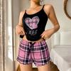 Damen Sexy Träger-Shorts Dünner Pyjama Buchstaben-Print Karoshorts Großer Pyjama Romantische Hauskleidung Sexy Nachtwäsche Kurzer Pyjama