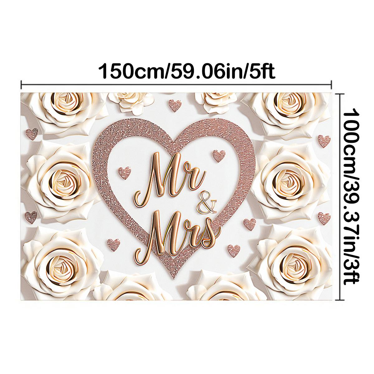

1 шт. Свадебный фон Mr & Mrs с сердцем и белыми розами, баннер для вечеринки на свадьбу, романтический декор для фото, настенный декор, многоразовые принадлежности 150*100cm