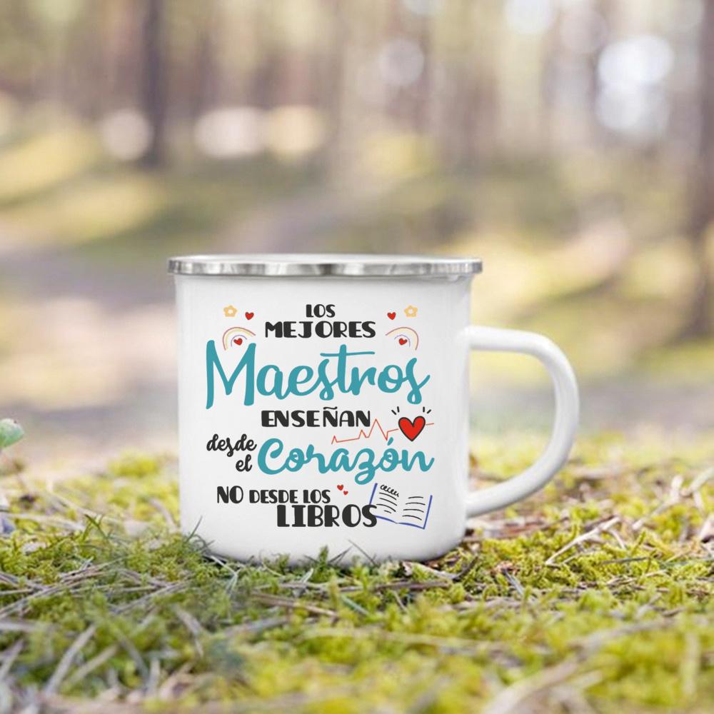 

Жизнь Учителя Эмалированные Кружки Испанский Принт Кружка Кофейные Чайные Чашки Напитки Стакан для Воды Школа Дом Ручка Посуда для Напитков Лучшие Подарки для Учителя 360ml