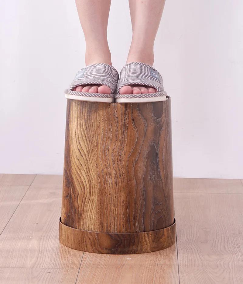 Vintage ronde prullenbak met houtnerf Prullenbak voor logeerkamer Hotel plastic prullenbak afvalbak