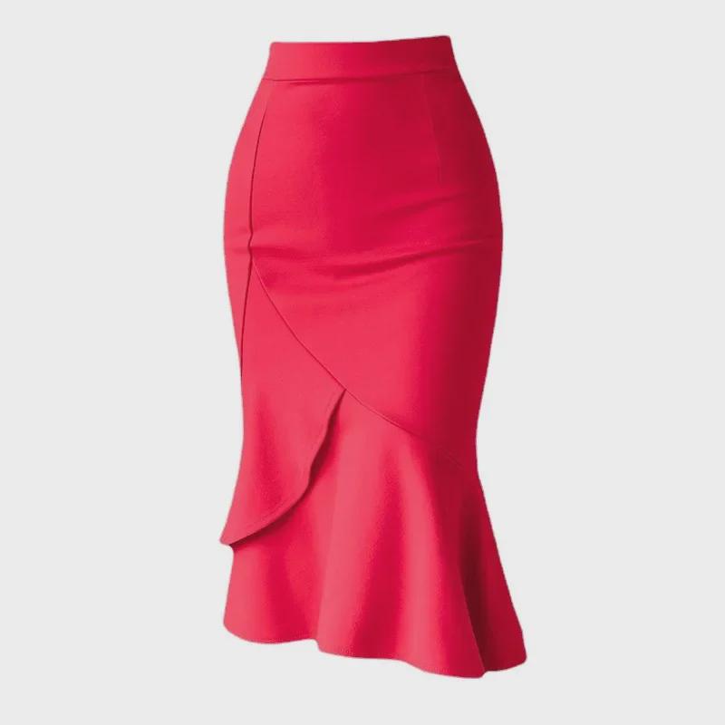 2022 Elegantní volánová bodycon sukně pro dojíždění se zipem, plus size, elastický střih