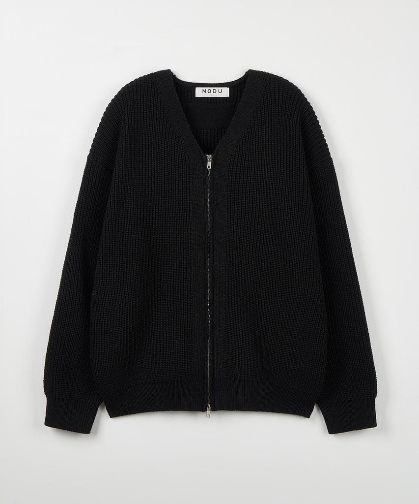 NODU Essential V-Neck Knit Zip-Up Cardigan [Black]