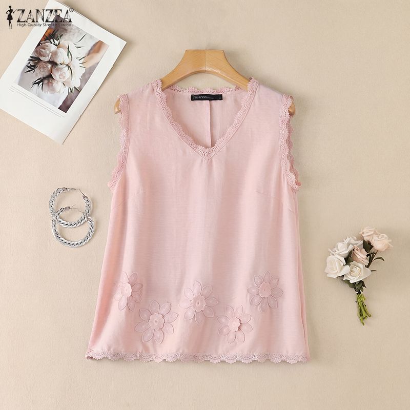 ZANZEA Women Lace Splice V-Neck Casual Sleeveless Tank Tops