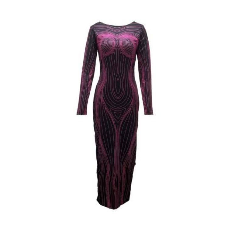 Women Spring Fall Party Dress Slim Fit Striped Print Maxi Dress Skinny Sheath Long Sleeve Elastic Round Neck Soft Thin Ankle Length Lady Dress