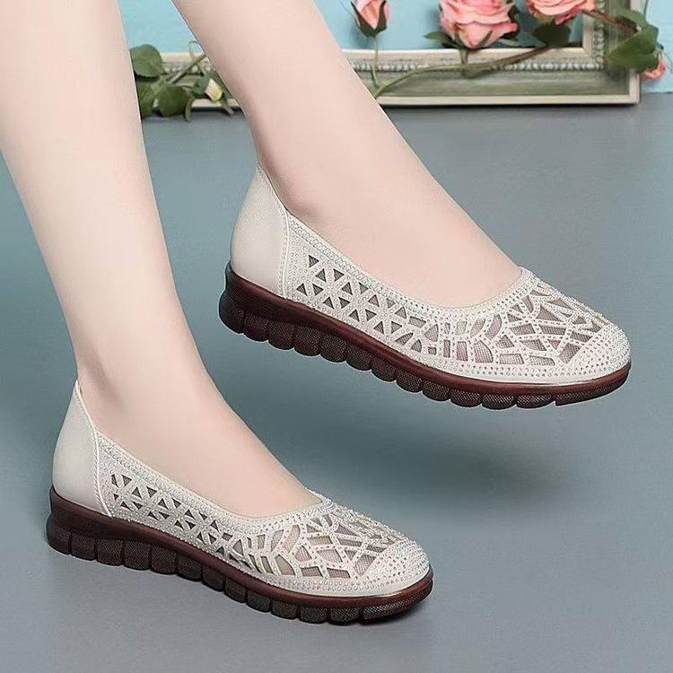 Mesh soft leather summer flat-bottomed sandals hollow breathable thin single shoes beef tendon soft-soled shoes