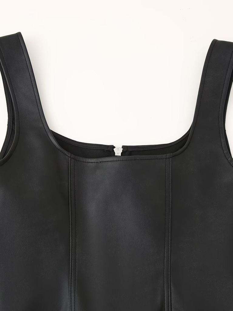 2024 European & American Style Faux Leather Slim Fit Women's Jacket with Zipper and Sexy Cami