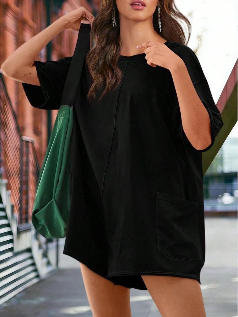 Women's Athletic Romper Short Sleeve Oversized Summer Jumpsuit with Pockets