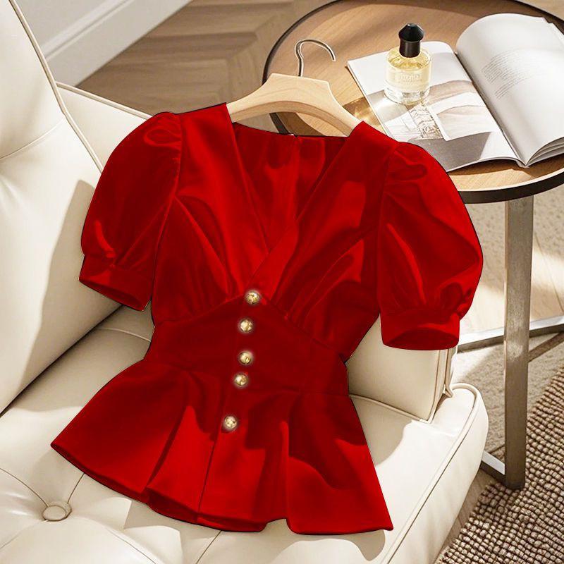 Chic Blue French Niche Short-Sleeve Blouse - Stylish Women's Outerwear for Summer 2026