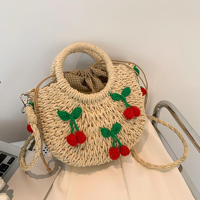 Yogodlns Bolsa de Palha Cereja Feminina Bolsa de Mão Tecida à Mão Formato de Lua Bolsa de Rattan Grande Capacidade Cordão Casual Bolsa de Ombro Cruzada para Praia