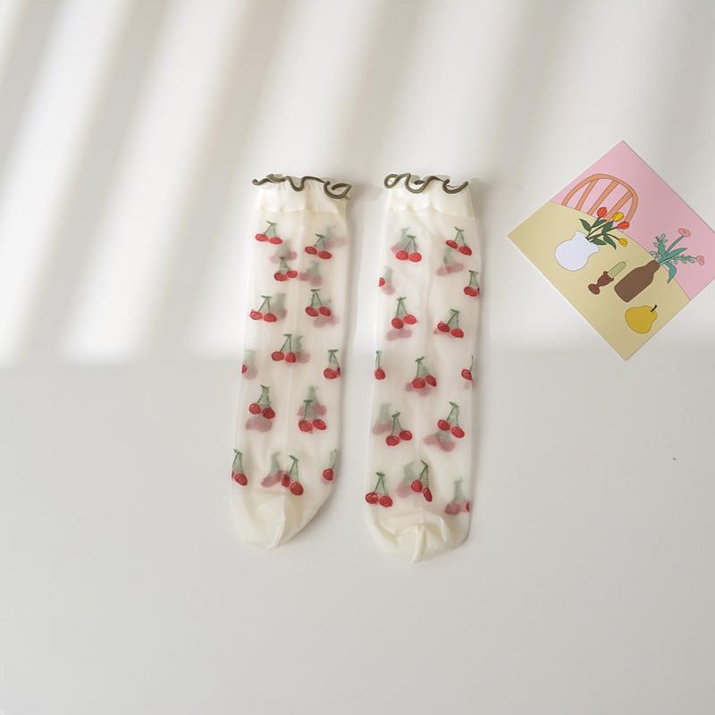 Girls Summer Thin Breathable Socks Ruffled Edge Cartoon Flower Fruit Printing Mid-calf Socks For
