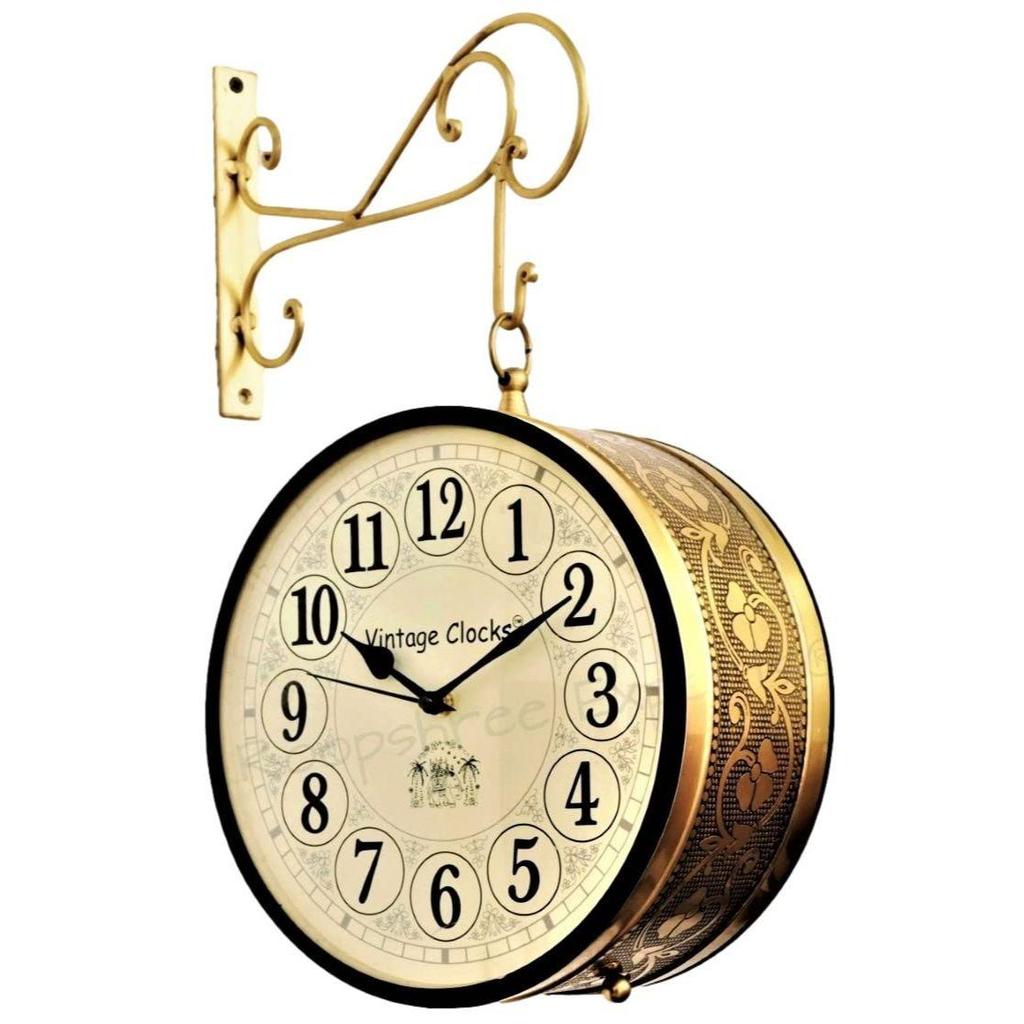 (8 INCH - One Side English Other Roman Numbers) Vintage Clock Handcrafted Double Side Clock Brass Finish