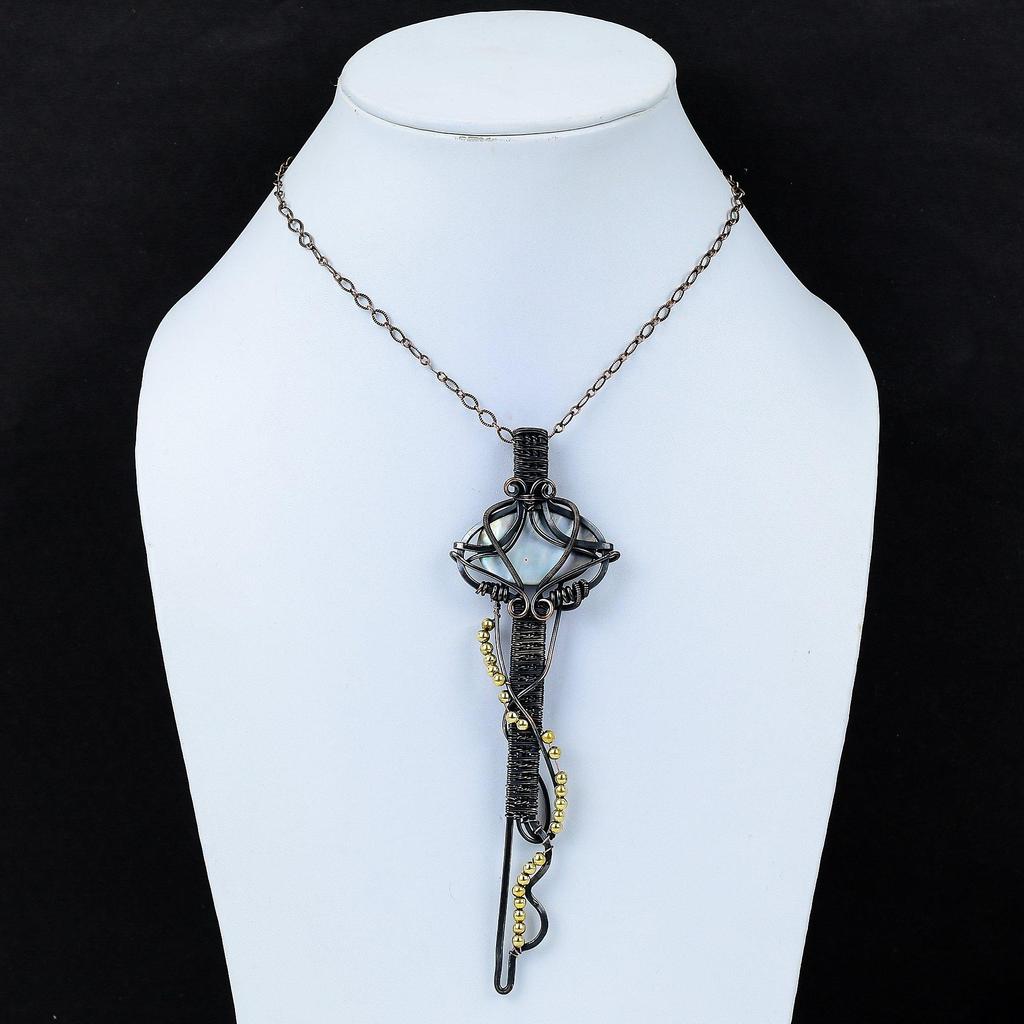 Black Mother Of Pearl Copper Pendant Wire Wrapped Pendant Amazing Key Pendant Handmade Copper Jewelry Natural Gemstone Pendant Gift For Her