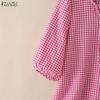 ZANZEA Women Plaid Print Casual Roujnd Neck 3/4 Sleeve Loose Blouse