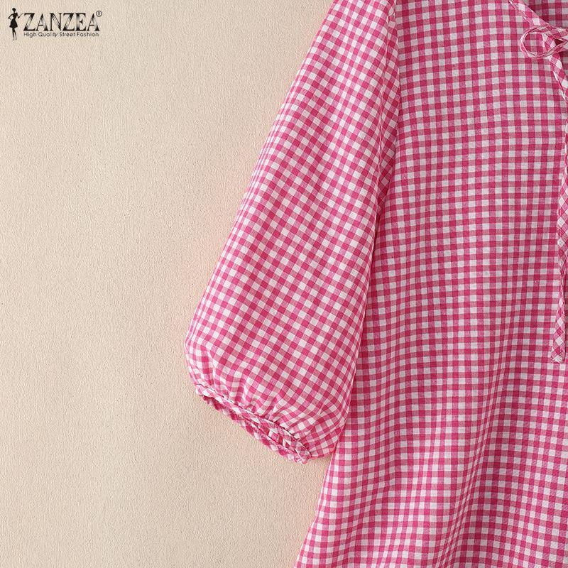 ZANZEA Women Plaid Print Casual Roujnd Neck 3/4 Sleeve Loose Blouse