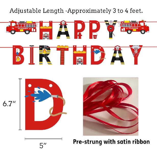 Pre-Strung Fire Truck Happy Birthday Banner Firemen Birthday Party Bunting Banner Flag for Adults Firefighter Party Sign Supplies Fire Engine Rescue