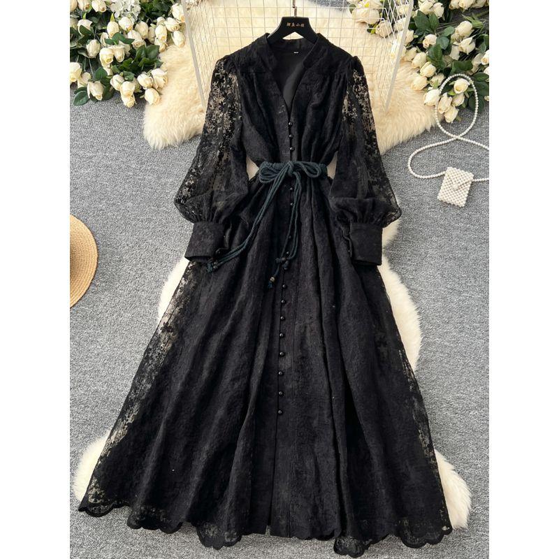 French Style Classy Women's Clothing Dress 2025 Spring Tight Waist Machine Embroidery V-neck Lantern Sleeve Single-Breasted Long Skirt