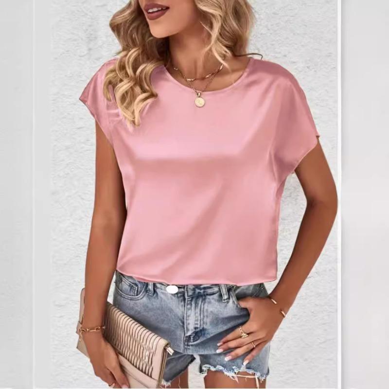 Summer Women's Round Neck Solid Color Casual Top with Batwing Sleeves and Satin Imitation Silk Short Sleeved Blouses & Shirts