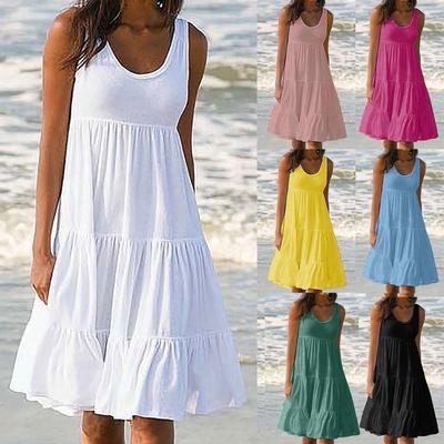 Damen-Weste-Kleider, Sommer, Frühling, plissiert, böhmische Kleider, niedlich, ärmellos, fließend, Strand, gerade, T-Shirt, Tank-Kleider, Rundhals-Kleider
