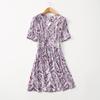 Super Fairy ~ Quality Cabinet Single Fresh Artsy Graceful Printed V-neck Ruched Stylish Short Sleeve Noil Poplin Dress Summer