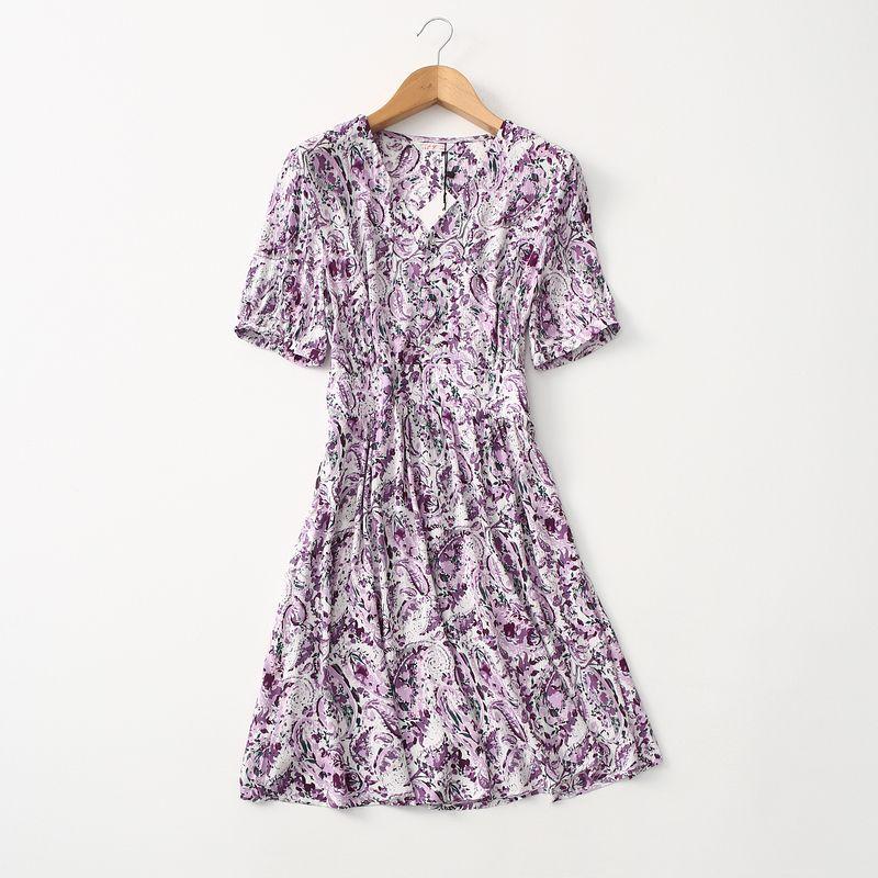 

Super Fairy ~ Quality Cabinet Single Fresh Artsy Graceful Printed V-neck Ruched Stylish Short Sleeve Noil Poplin Dress Summer Light purple green fruit flower (front button) L