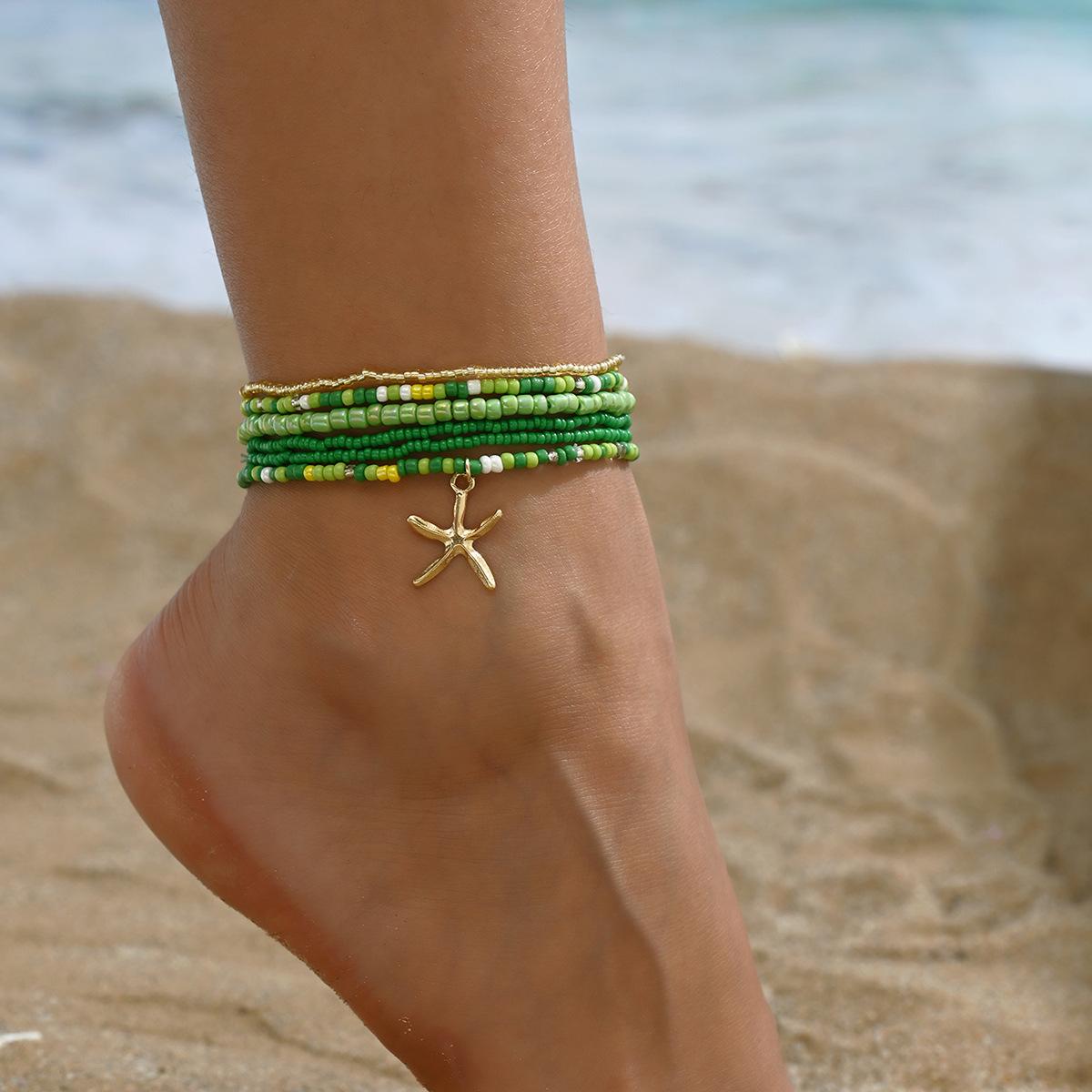 

Summer Simulated Pearl Beaded Anklet Gold Color Starfish Pendant Anklets Sets For Women Beach Jewelry Ankle Bracelet зелений