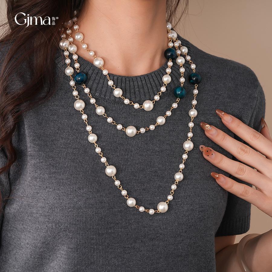 French retro tiger's eye stone beaded long pearl necklace niche sweater chain necklace women