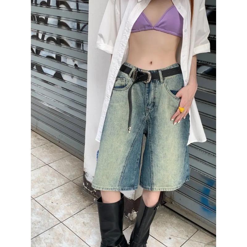 Woman Man Vintage Gradient Jeans Women 2024 Summer New Straight Knee Length Shorts Y2k Grunge High Waist Loose Wide Leg Pants