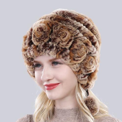 Sale Winter Women Flowers Striped Natural Real Rex Rabbit Fur Hats Lady Warm Knit Genuine Fur Caps Russian Outdoor Fur Hats