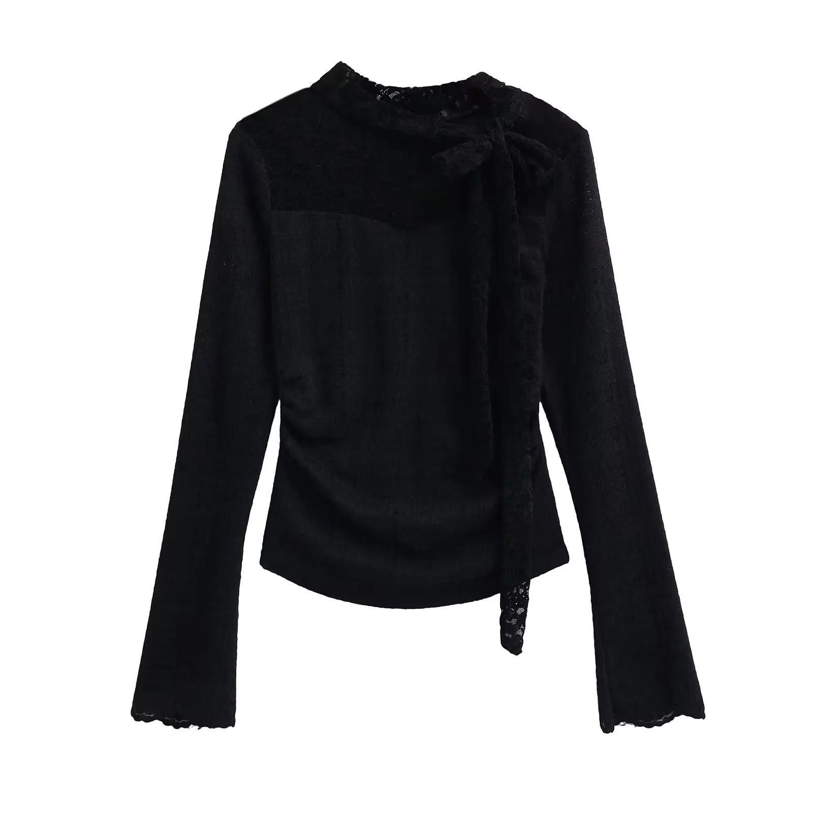 

Женская футболка с длинным рукавом приталенного силуэта с лентами и кружевом, 2025 Medium чёрный