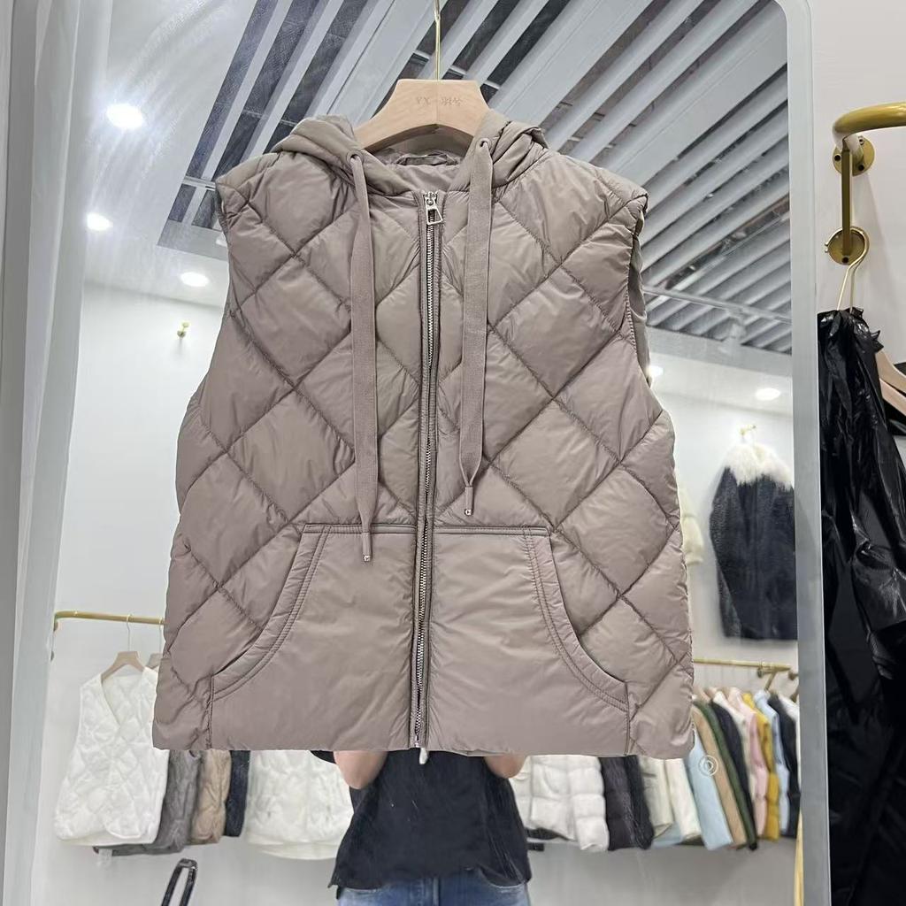 Autumn and Winter Duck Down European Version New Solid Color Versatile Big Pocket Vest Hooded Down Vest Women