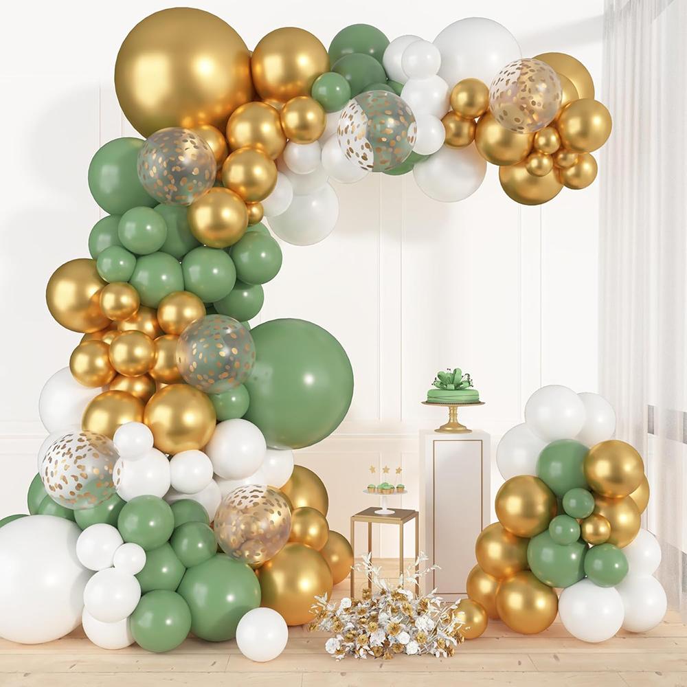 Jungle Theme Balloons Garland Sage Green White Gold Confetti Balloon Arch Kit Wedding Anniversary Home Birthday Party Decoration