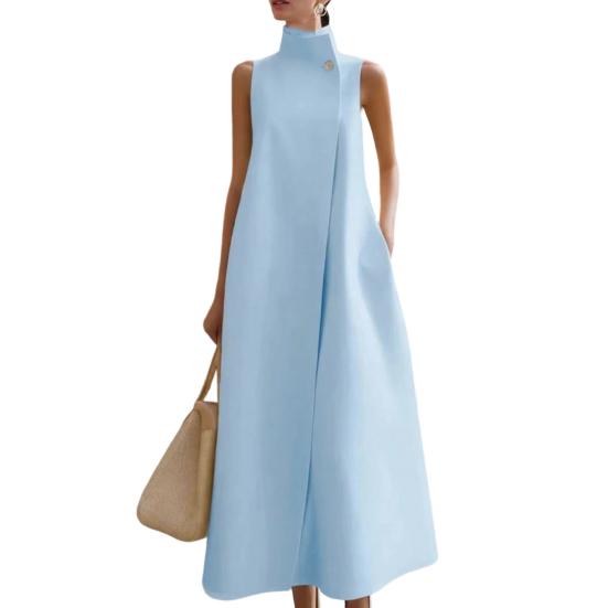 Damska Długa Sukienka z Kołnierzem Stojącym Bez Rękawów Jedno Guzik A-line Maxi Formalna Biznesowa Biurowa Sukienka do Pracy