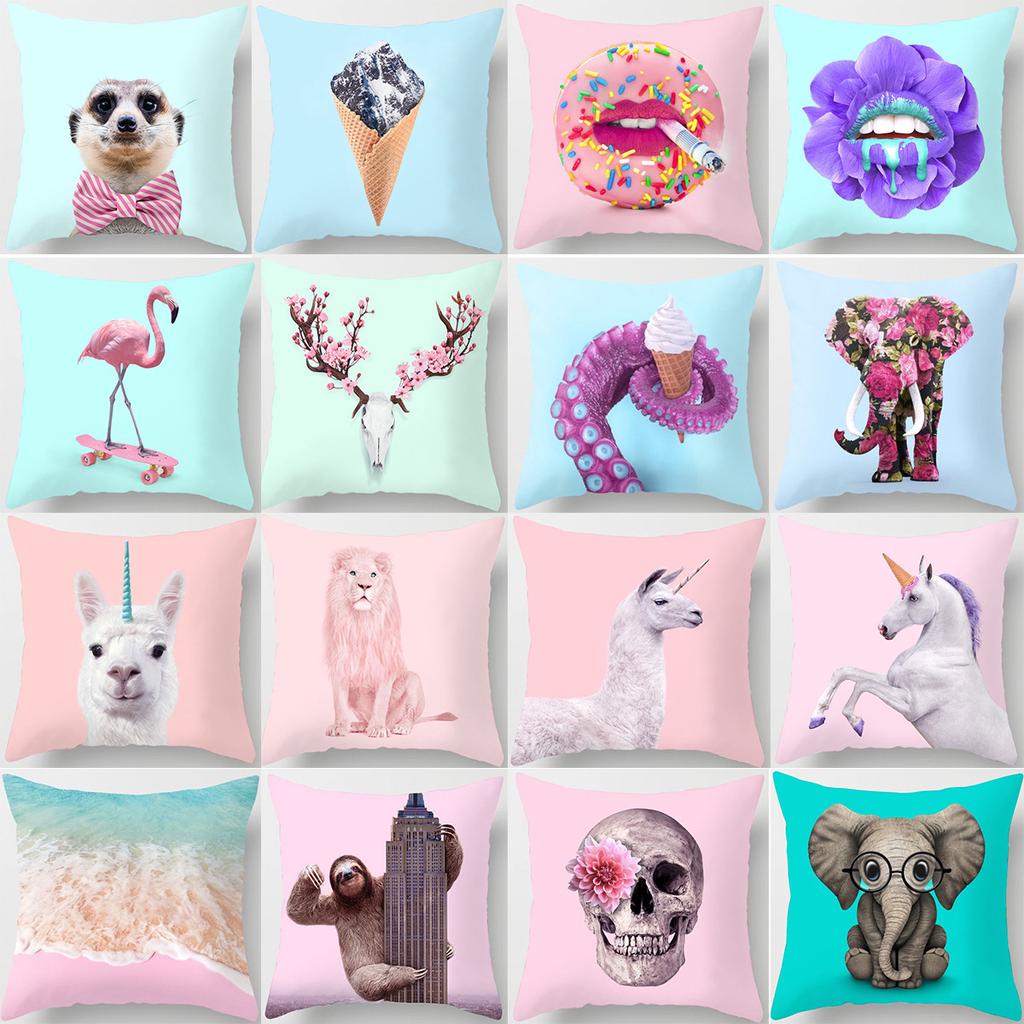 Pillow Print Cartoon Flamingo Grass Mud Horse Cushion Peach Leather Velvet Polyester Pillow Cover
