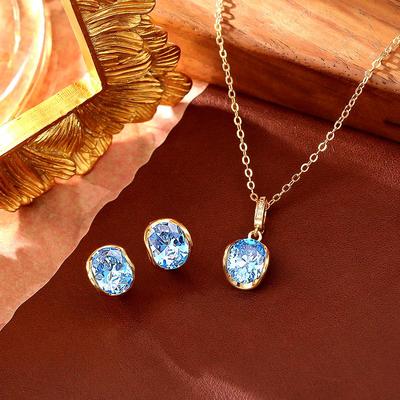 Elegant 24K Gold-Plated Copper Necklace with Blue Zircon and Matching Earrings - Versatile, Romantic, and Fashionable Clavicle Chain Set