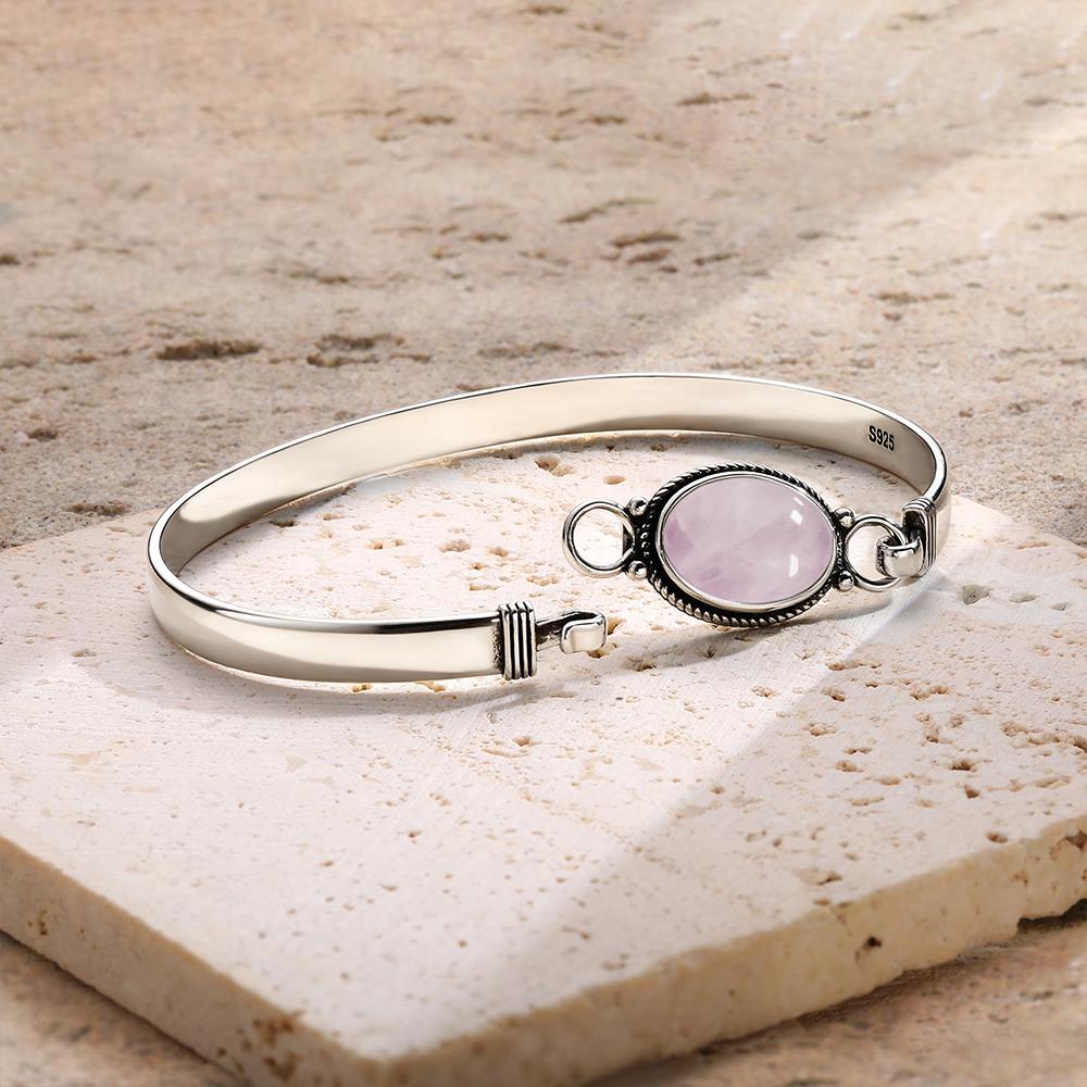 Vintage 925 Silver Natural Rose Quartz Bangle Handmade Oval 10*14mm Pink Natural Stone Bracelets Gifts Fine Jewelry for Women