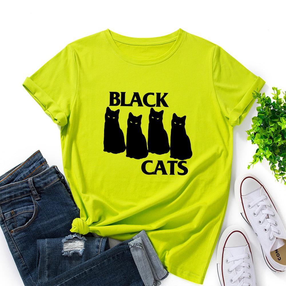 Summer Round Neck Black Cat Pattern Printed Top Fashionable Casual Pure Cotton Short Sleeved Women's T-shirts