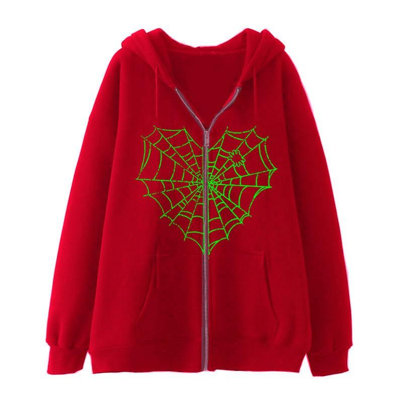 Colorful Spider Web Print Zip Up Hoodie Loose Fit Streetwear Y2K Couple Outerwear