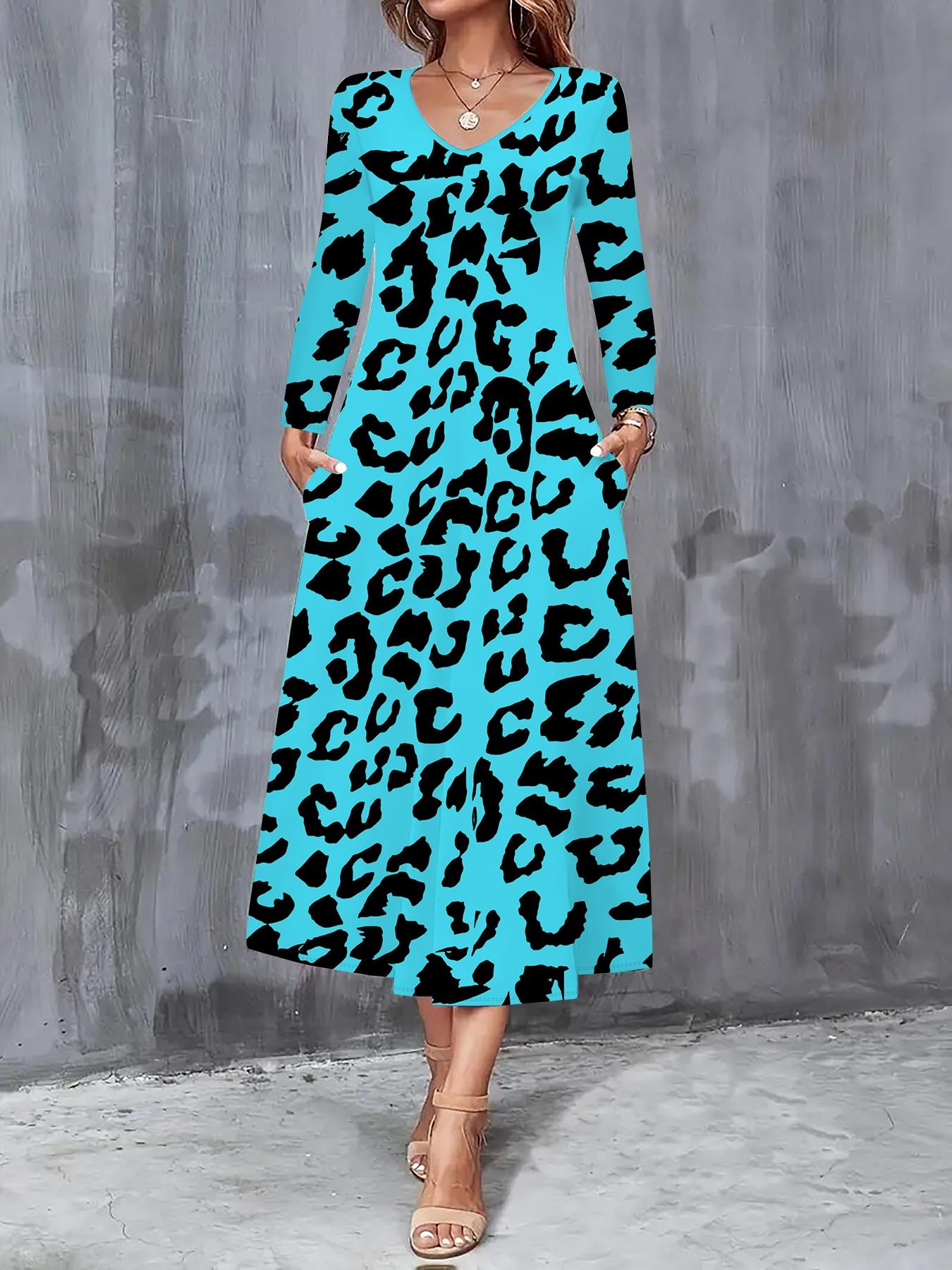 

2025 Autumn and Winter New Women Casual Fashion Dress Autumn 3D Leopard Print Long Sleeve V-Neck A-Line Dresses S