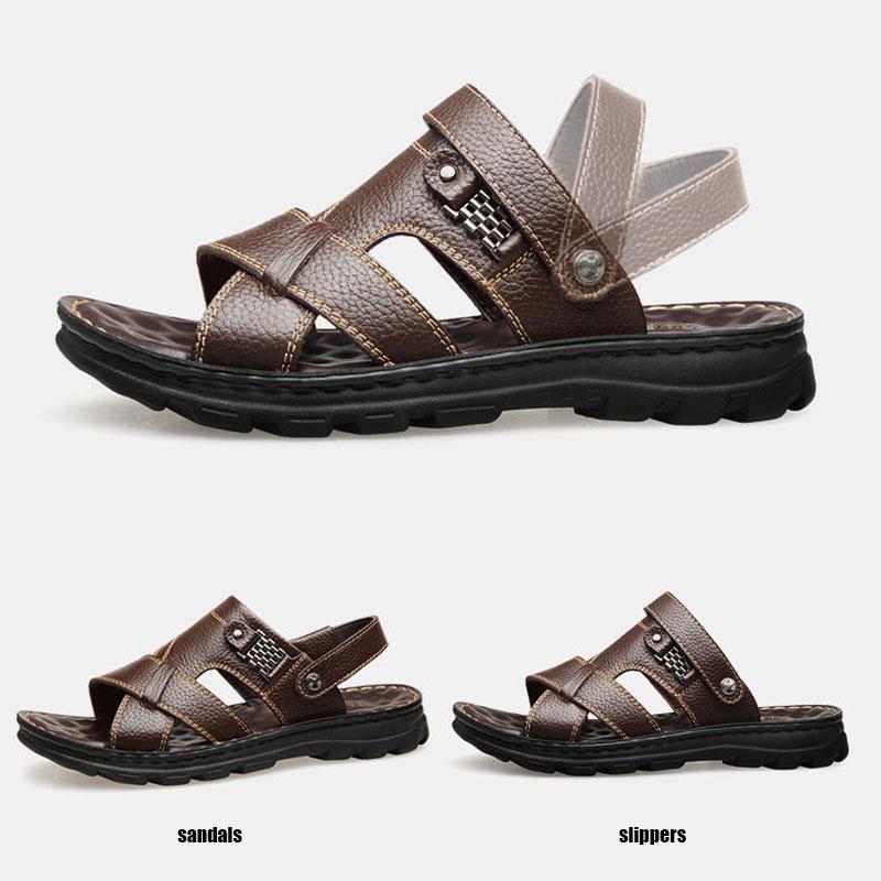 New Summer Top Layer Cowhide Sandals Men's Leather Breathable Beach Shoes Trendy Casual Leather Sandals and Slippers
