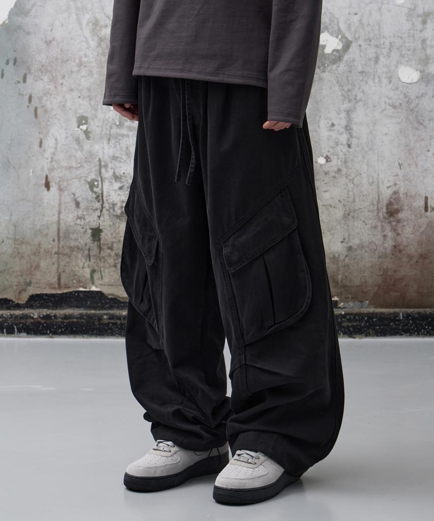 AGOD Vintage Washed Elastic Waist Cargo Pants [Black]