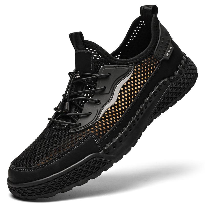 Leather Fly-woven Sneakers Men's Mesh Casual Shoes Hollowed Out