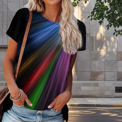 Women Summer T Shirt Multicolored Print Retro Fashion Short Sleeve Tees Casual Printed Tops