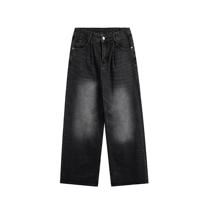 2024 Washed Black Men's Wide-Leg High-Waist Jeans - Loose Straight-Leg Casual Pants for Spring & Autumn, American Trend Style.