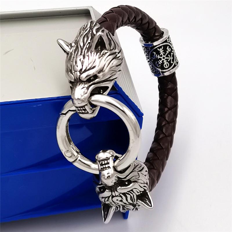 Wolf Head Bracelet Stainless Steel Viking Rune Bead Leather Bracelet Jewelry For Women Men Unisex Gift