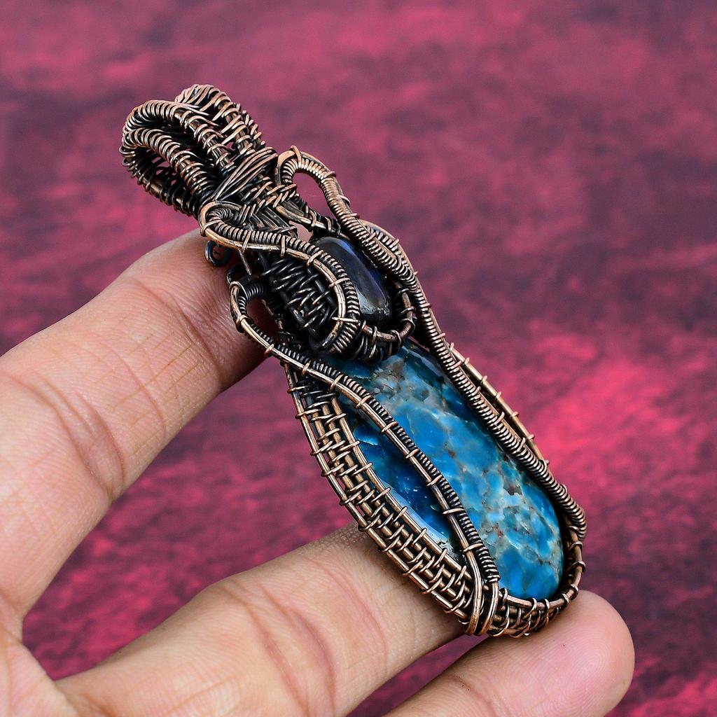 Neon Apatite Pendant Labradorite Pendant Gemstone Jewelry Copper Wire Wrapped Pendant