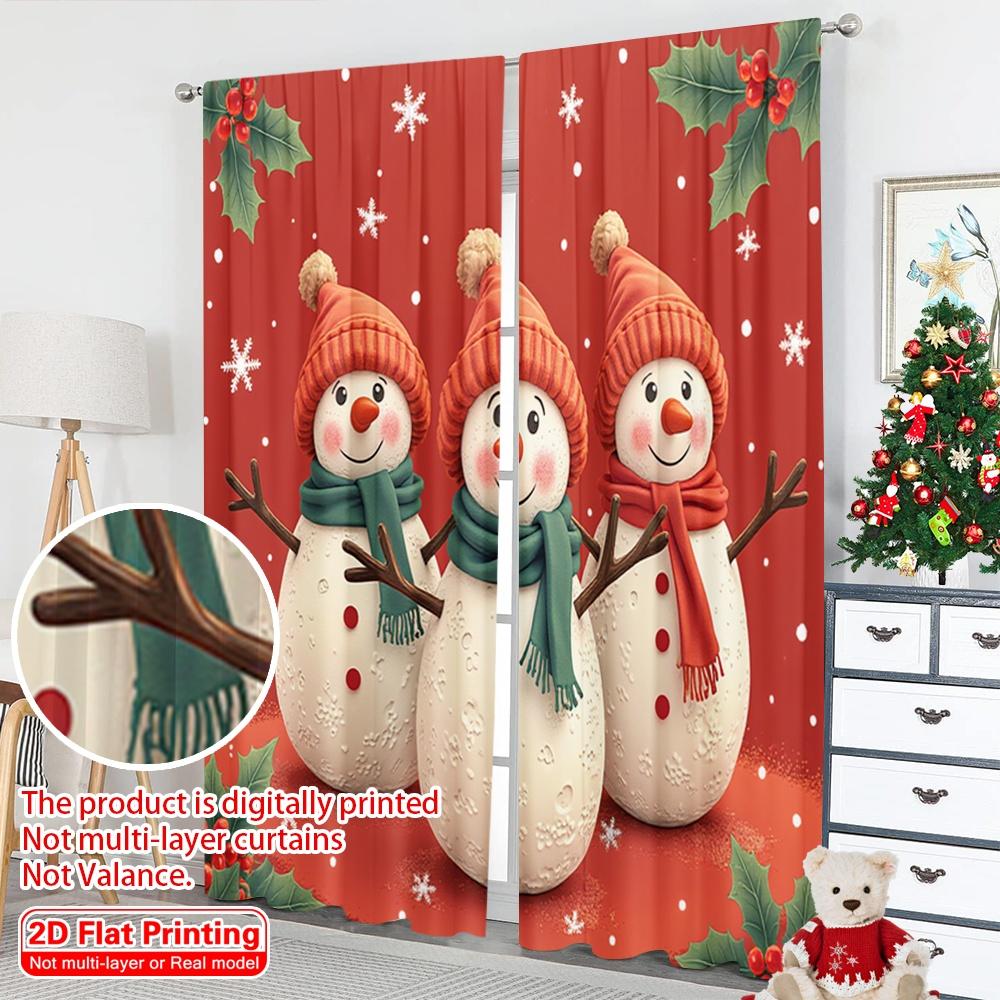 2pcs 2D Flat Printing Merry Christmas Window Curtains Christmas Snowman Holiday 100% Polyester Without Electricity Party