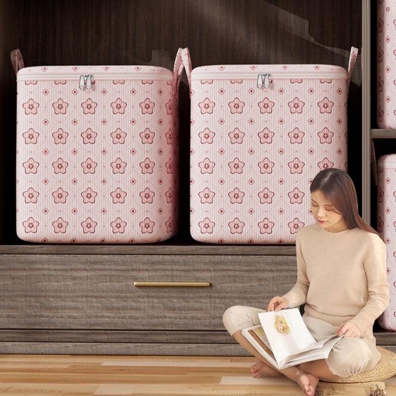 Portable With Handle Clothes Storage Bins Foldable Large Capacity Wardrobe Sorting Storage Bucket Dust-Proof Cherry Blossom
