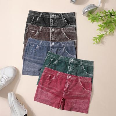 Kadın Şort Yüksek Esnek Taklit Denim Kısa Tayt Cepli Dar Kesim