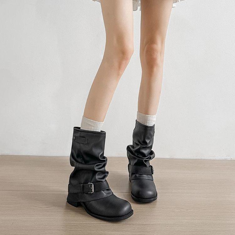 

Genuine Leather Ruched Stacked Leggings Ankle Boots for Women - 2025 British Retro Style with 6CM Inner Height Increase Size 39